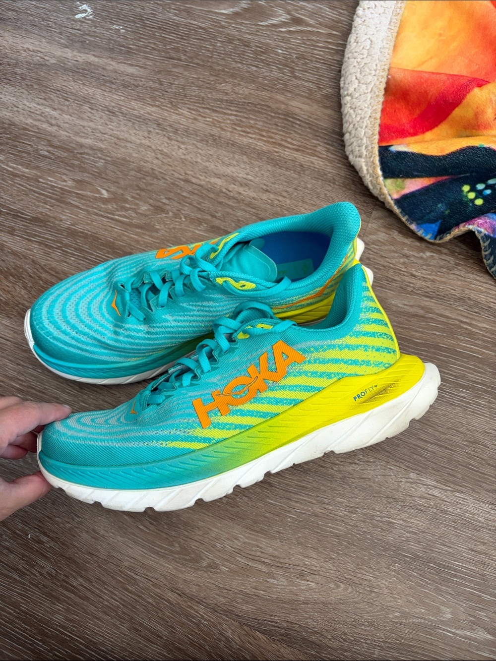 Hoka Mach 5 Women’s Teal & Yellow Athletic Sneakers